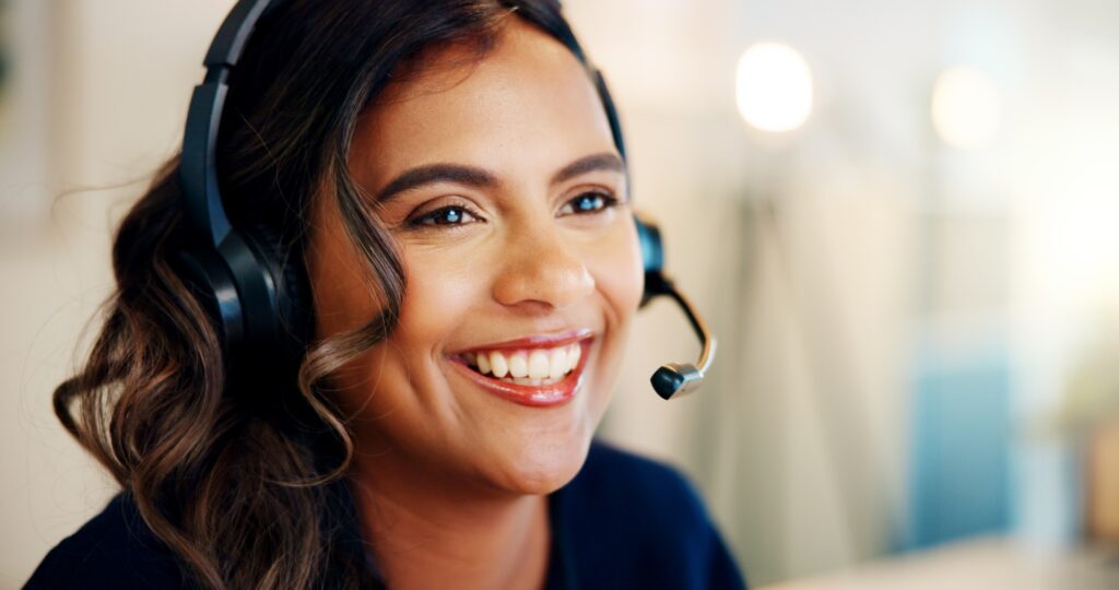 Headset, agent or happy woman in telecom call center for consulting, solution or loan service. Smil