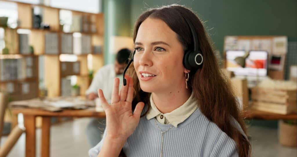 Startup, headset and woman in home for entrepreneur, dropshipping and virtual store with telemarket